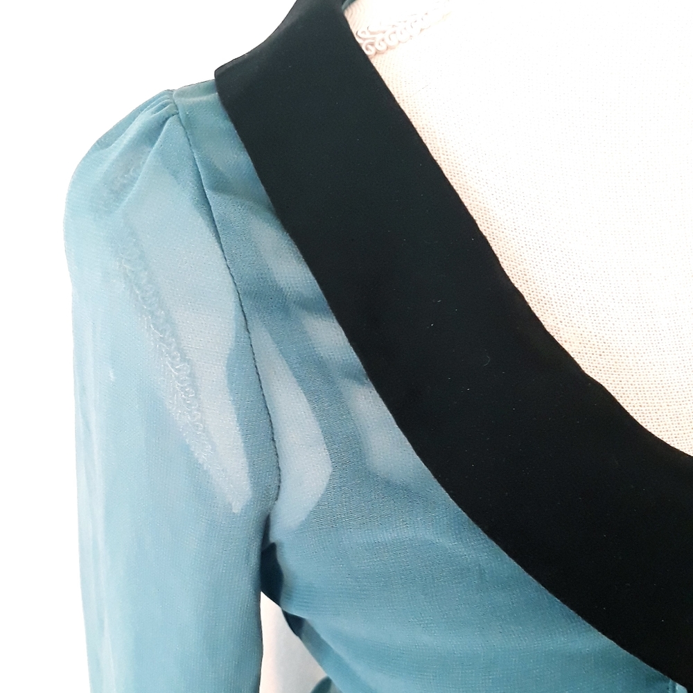 Double Zero Sheer Ruffle Front Blouse Size - Size Small/XS Teal Blue - Picture 5 of 14